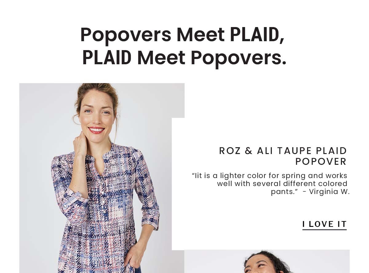 Shop the "Roz & Ali Denim Friendly Taupe Plaid Popover"