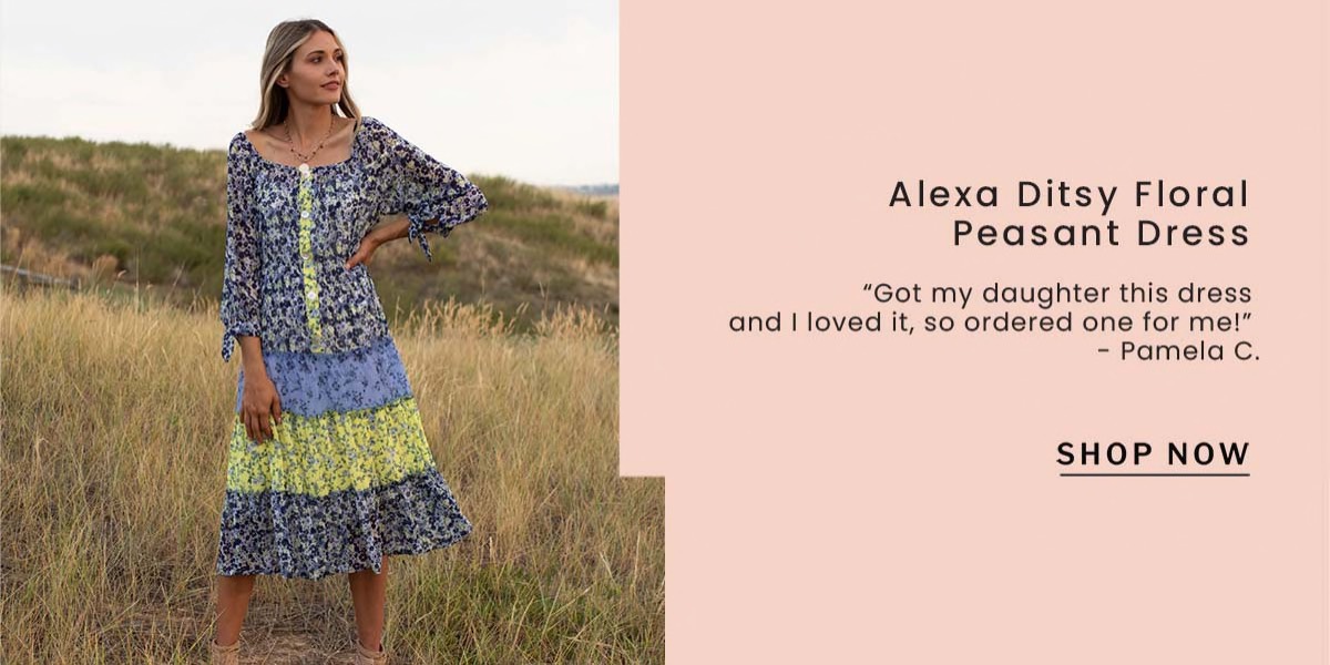Shop the "Alexa Blue/Yellow Ditsy Floral Peasant Dress"