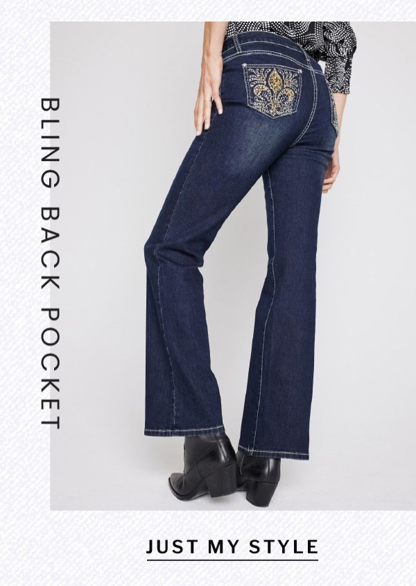 Shop the "Westport Signature Embellished Animal Print Bling Back Pocket Boocut Jean"