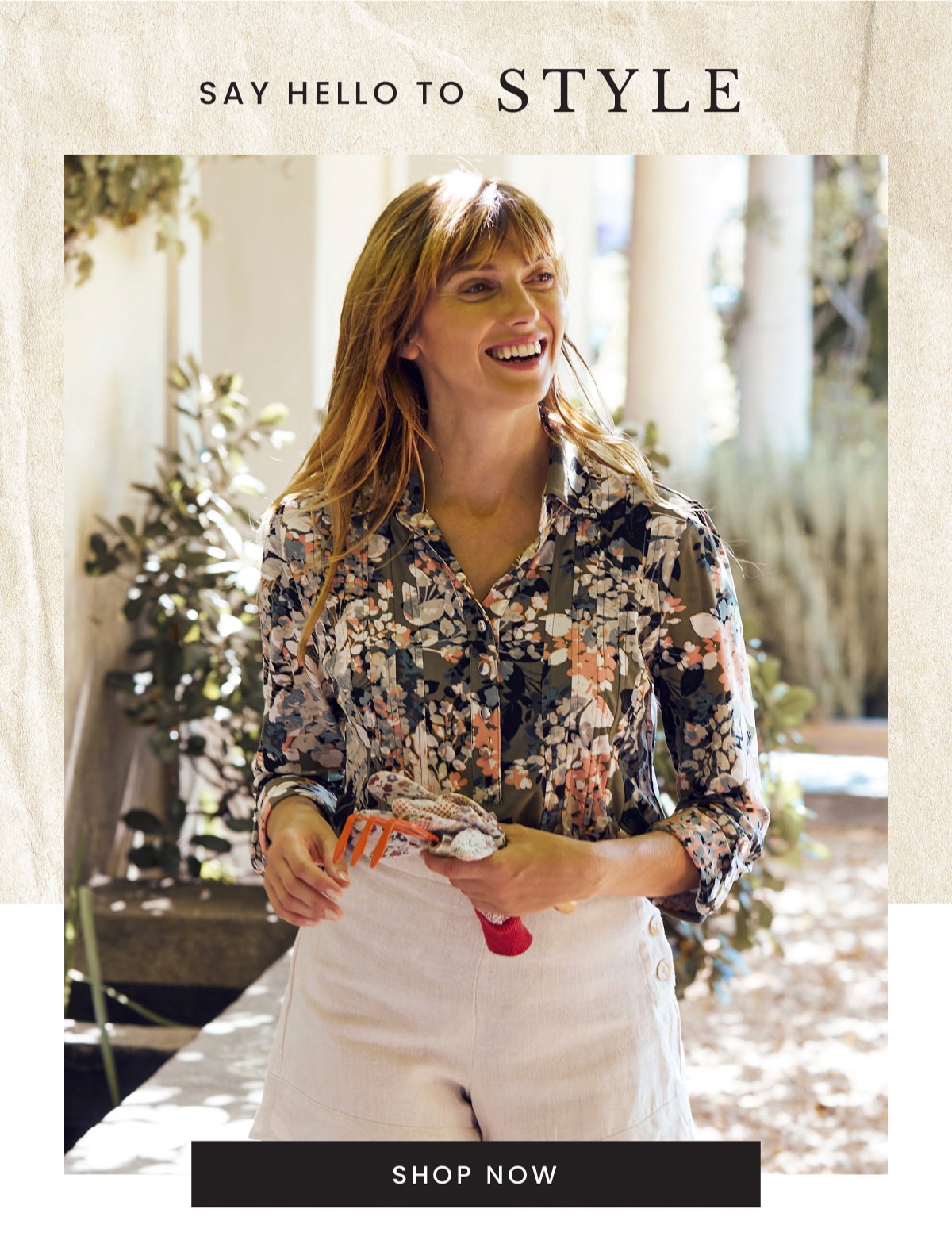 Shop the "Roz & Ali Olive & Coral Floral Pintuck Popover"