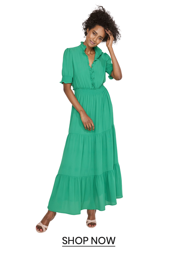 Shop the "Smocked Puff Sleeves Ruffle Neck Tiered Midi Dress"