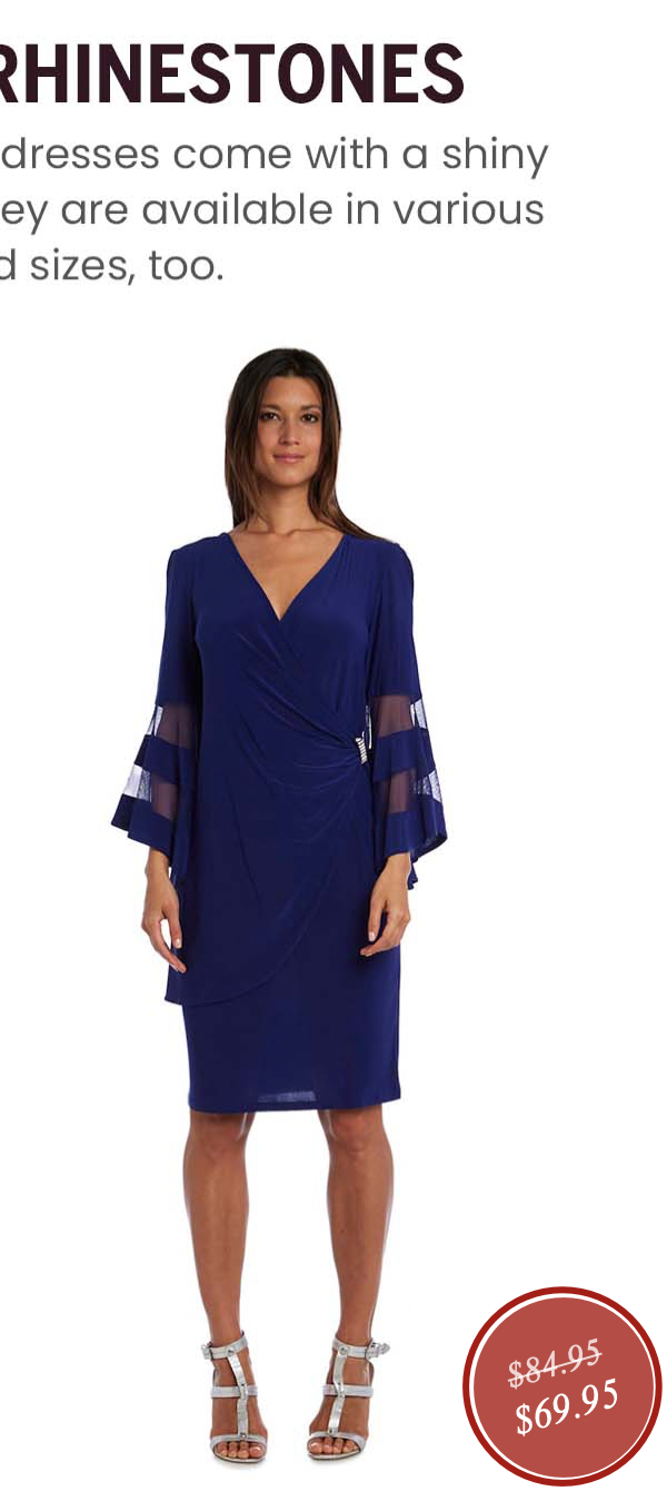 Shop the "Illustion Bell Sleeve Dress With Rush Rhinestone Detail At Waist"